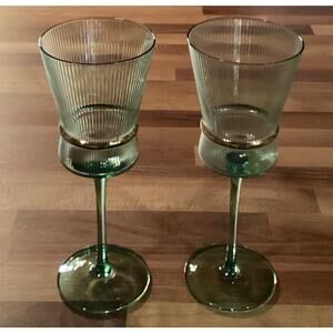 Crofton Ribbed Green Gold Trim 9.25” Wine Glasses Set Of 2